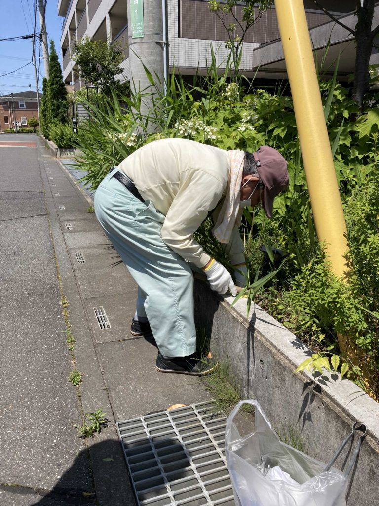 草むしりをする男性